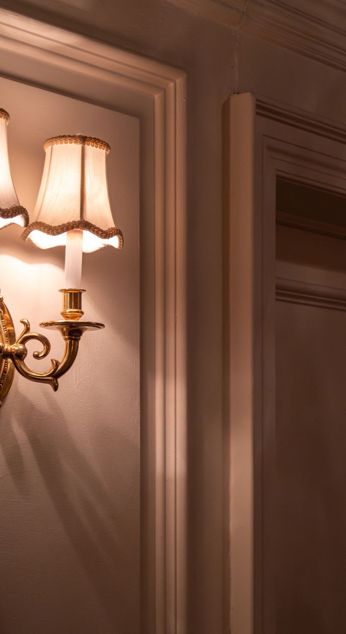 Elegant vintage wall sconce with dual fabric lampshades casts a